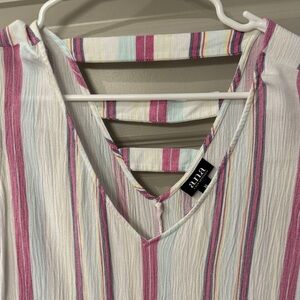 a.n.a Women's V-Neck Top - Pink and Blue Stripes